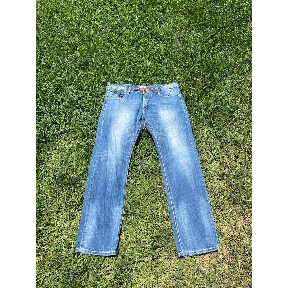 Antique Rivet Blue Jeans Mens 38X32  Thick Stitch Straight Leg Embroidered See P